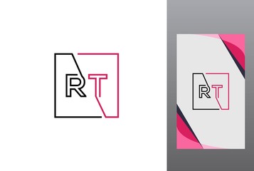 Pink black square initial letter RT line logo design vector graphic