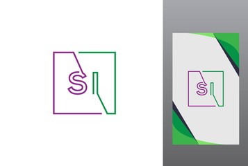Purple green square initial letter SI line logo design vector graphic