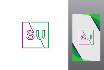Purple green square initial letter SU line logo design vector graphic