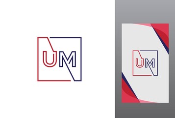Red blue square initial letter UM line logo design vector graphic