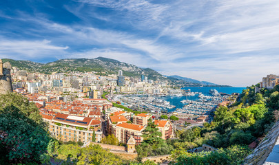 Fototapeta na wymiar View on Principality of Monaco with luxury yachts on port, French Riviera coast, Cote d'Azur, France