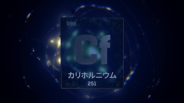 Californium as Element 98 of the Periodic Table. Seamlessly looping 3D animation on blue illuminated atom design background orbiting electrons name, atomic weight element number in Japanese language