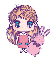 kids, cute little girl anime cartoon holding fluffy bunny