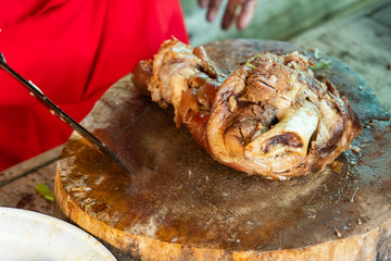 Stewed pork leg on wood cutting board