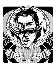 Vector hand drawn  illustration of man's head with tigers isolated. Surreal artwork. Template for card, poster, banner, print for t-shirt, pin, badge, patch.