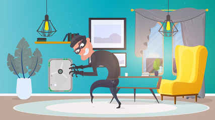 Thief in the house. A robber steals money from a safe. Security concept. Thief man steals an apartment. A robber robbed a house. Flat style vector illustration.