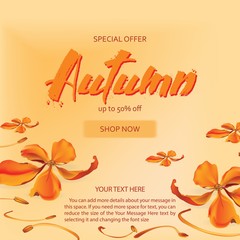 Autumn sale flyer template with lettering.Autumn sale background layout . Vector poster background. Layout for discount labels, flyers and shopping.