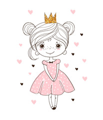 Fototapeta premium Cute little princess in the crown. Beautiful girl in an elegant dress. Holiday Greeting Card. Simple cartoon vector illustration isolated on white background