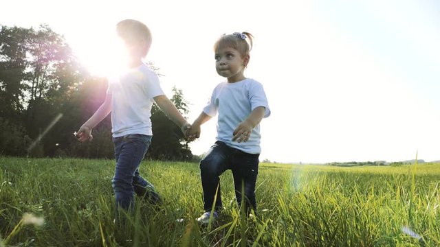 happy family teamwork little brother and sister walk in the park nature holding hands slow motion video concept. kids boy and girl hold hands go on green grass sun lifestyle summer