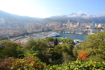Aerial view of Port Hercule in the center of Monaco, Monte-Carlo on the French Riviera