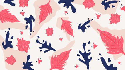 Pink leaves pattern with blue abstract paint stain seamless background.