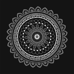 Circular Floral Mandala Pattern in White Line Art on Black Background.