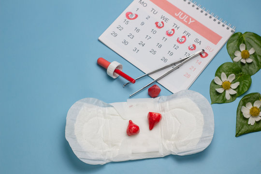 Medical conception photo. Red blood drop, daily and menstrual pad ,betel leaf and calendar. Woman critical days, gynecological menstruation cycle. Menstruation sanitary woman hygiene