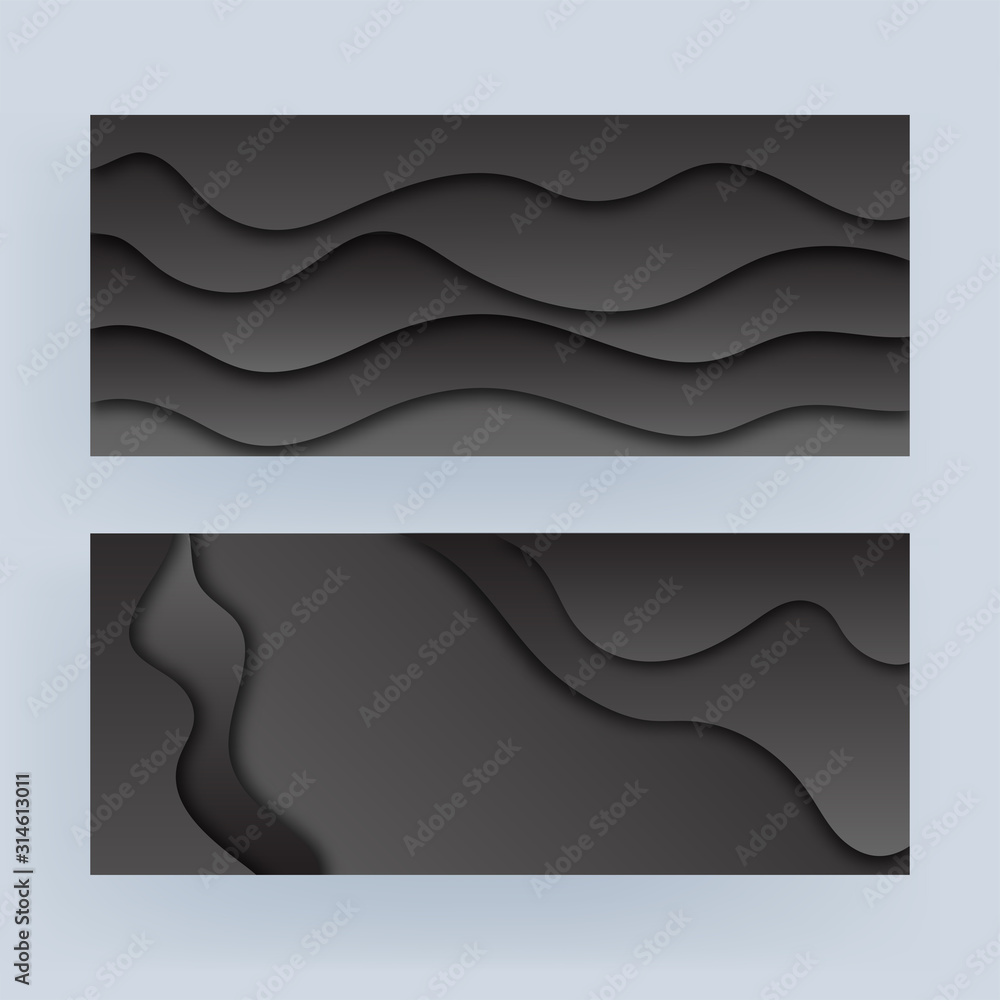 Wall mural black paper cut abstract wavy background in two option.