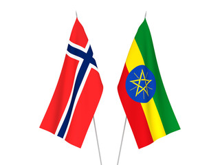 National fabric flags of Norway and Ethiopia isolated on white background. 3d rendering illustration.