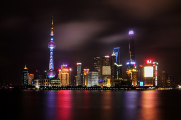 Shanghai city skyline at night, Panoramic view of shanghai skyline and huangpu river in China