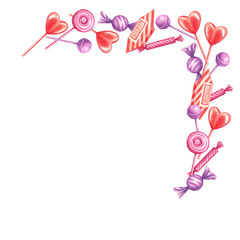 Composition of sweets drawn by colored pencils on white background. A set of elements.