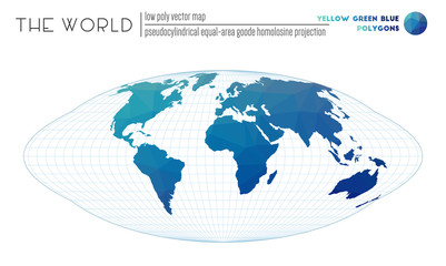 Low poly world map. Pseudocylindrical equal-area Goode homolosine projection of the world. Yellow Green Blue colored polygons. Modern vector illustration.