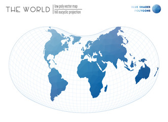 World map in polygonal style. Hill eucyclic projection of the world. Blue Shades colored polygons. Neat vector illustration.