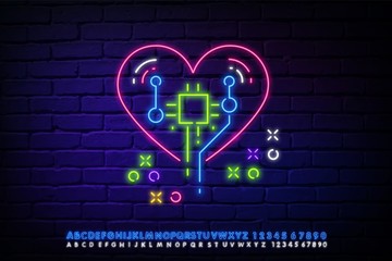 Neon icon of human heart and circuits. Neon Robot, heart, vector, neon icon illustration isolated neon sign. Artificial intelligence and technology, human heart with circuits electronics grid