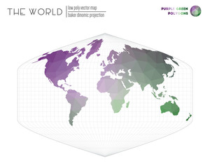 Vector map of the world. Baker Dinomic projection of the world. Purple Green colored polygons. Beautiful vector illustration.