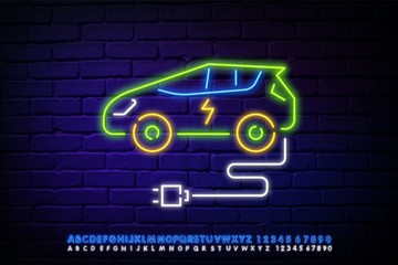 Neon sign eco-friendly electric car. A safe machine that runs on electricity. Alternative energy. Electric Car Neon Label. Vector Illustration of Energy Promotion.