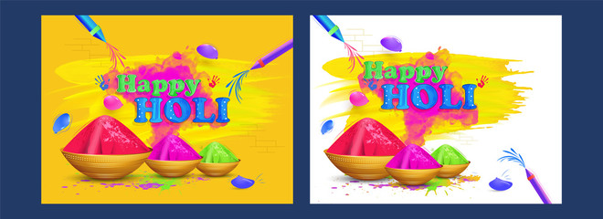 Happy Holi Celebration Poster Design with Color Guns, Balloons and Bowls Full of Powder (Gulal) in Two Color Option.