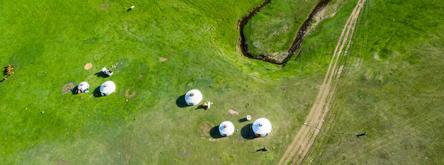 Aerial view of the Mongolian countryside, not far from Ulaanbaatar, the capital of Mongolia, circa...