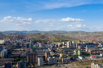 Aerial view of Ulaanbaatar, the capital of Mongolia, circa June 2019