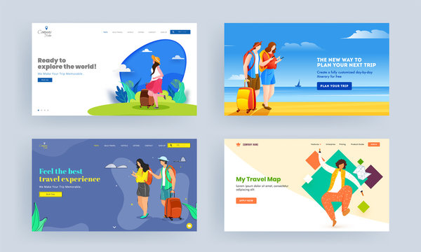 Set of Landing page design with tourism character on abstract background for Traveling Concept.