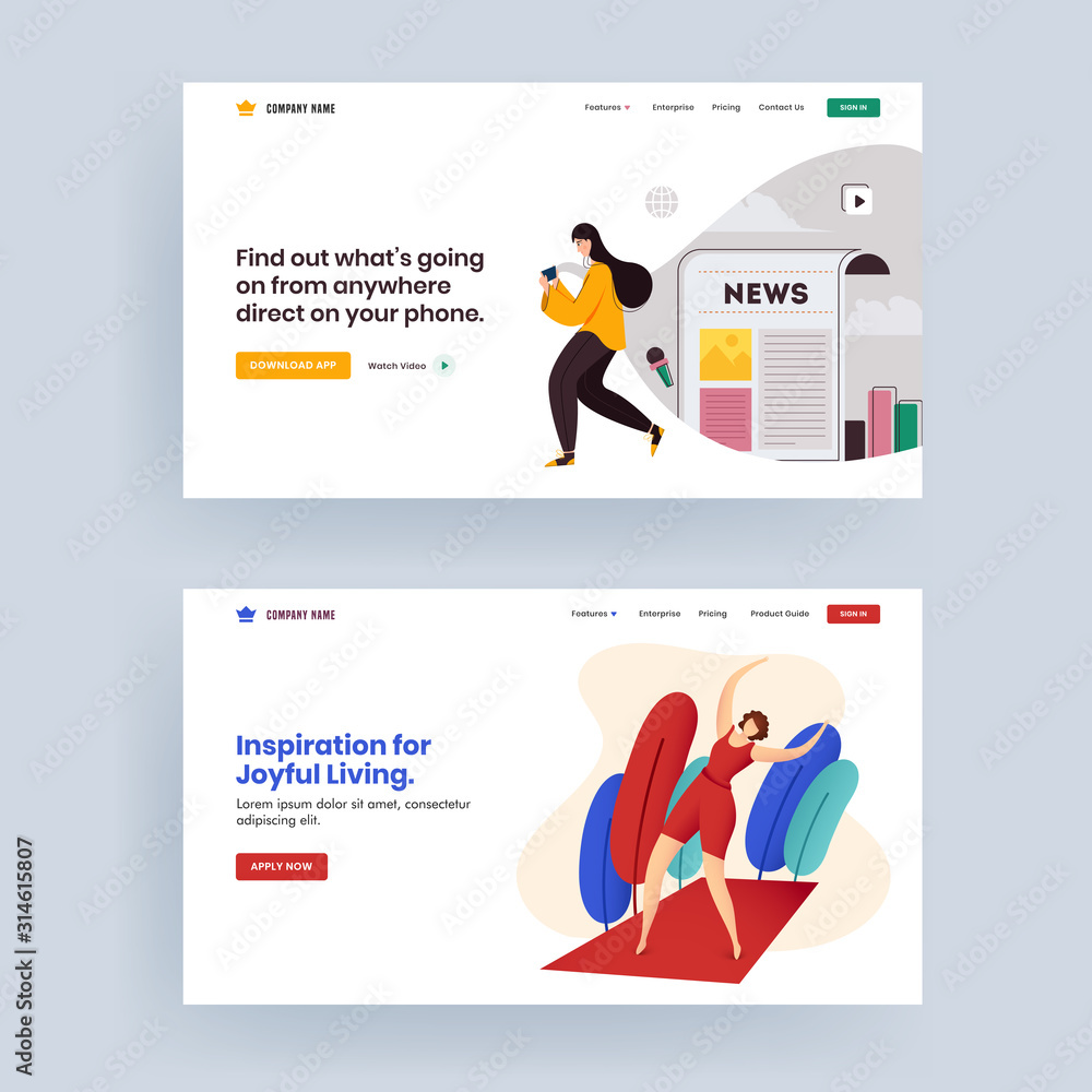 Poster responsive web banner or landing page set, female lifestyle like as using smartphone with social med