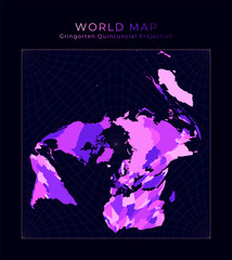 World Map. Gringorten square equal-area projection. Digital world illustration. Bright pink neon colors on dark background. Vibrant vector illustration.