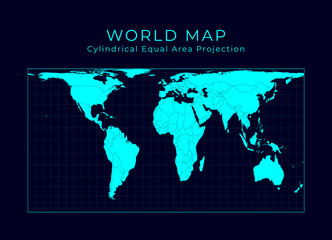 Map of The World. Cylindrical equal-area projection. Futuristic Infographic world illustration. Bright cyan colors on dark background. Vibrant vector illustration.