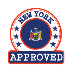 Vector Stamp of Approved logo with New York flag in the round shape on the center.