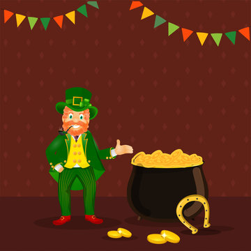 Smoking Leprechaun Man Character Showing Golden Coins Pot with Horseshoe and Bunting Flag on Brown Background.