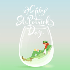 Happy St. Patrick's Day Font with Drunk Leprechaun Man In A Drink Glass on Glossy Background.