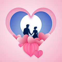 Obraz na płótnie Canvas Paper Layer Cut Heart Shape Romantic Full Moon Background with Couple Character in Love.