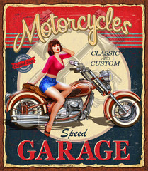 Vintage Garage poster with sexy girl  sitting on retro motorcycle.