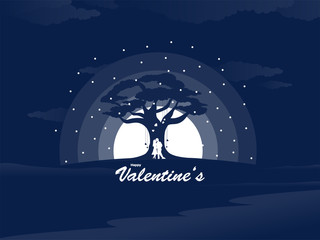 Happy Valentine's Day Concept with Silhouette Romantic Couple Standing Under Love Tree on Paper Cut Full Moon Blue Background.