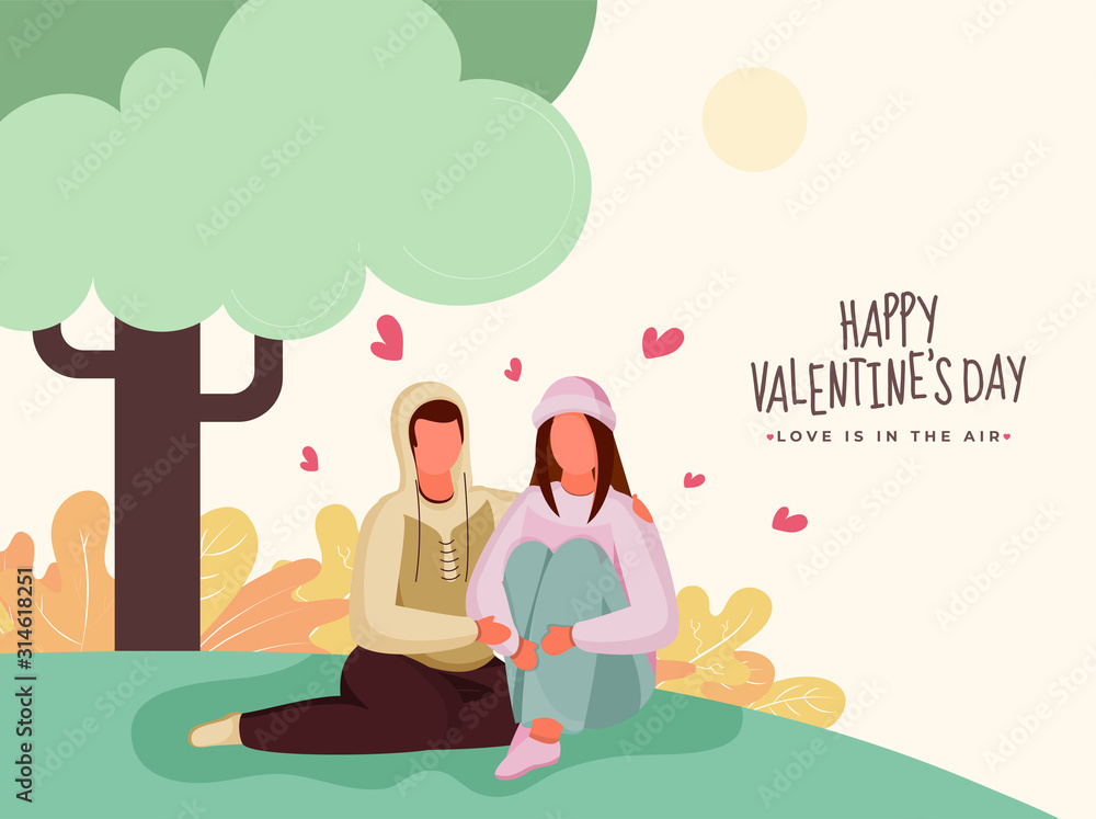 Sticker Faceless Loving Couple Character Sitting Under Tree for Happy Valentine's Day, Love is in the air concept.