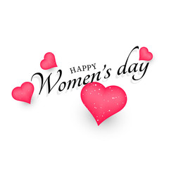 Happy Women's Day Font Decorated Red Glossy Hearts on White Background.