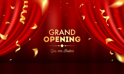 Realistic Grand Opening Invitation with Red Curtains and Golden Confetti.