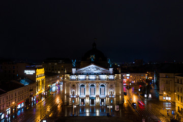 Fototapeta na wymiar Aerial view on Lviv Opera at night from drone