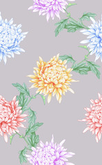 Fototapeta na wymiar Seamless background with chrysanthemums and ornament on backdrop.