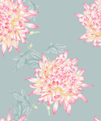 Fototapeta na wymiar Seamless background with chinese chrysanthemums and ornament on backdrop.