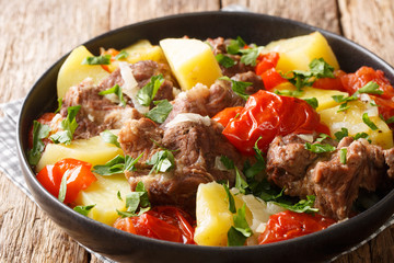 Tasty Khashlama from lamb meat with vegetables close-up in a bowl. horizontal