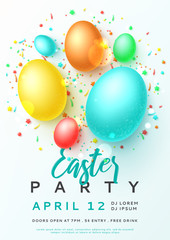 Happy Easter holiday party poster. Vector illustration with realistic colorful Easter eggs and sweets. Spring holiday card. Promotion holiday flyer with festive symbols. Invitation to nightclub.
