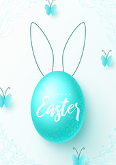 Happy Easter greeting flyer. Vector illustration with realistic colorful Easter egg with bunny's ears. Spring holiday card with paper butterflies.