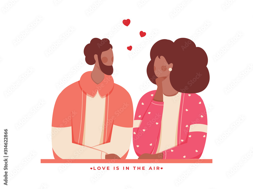 Poster faceless loving couple character and given message as love is in the air on white background.