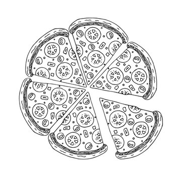 Slice of pizza hand drawn. Street food. Vector illustration